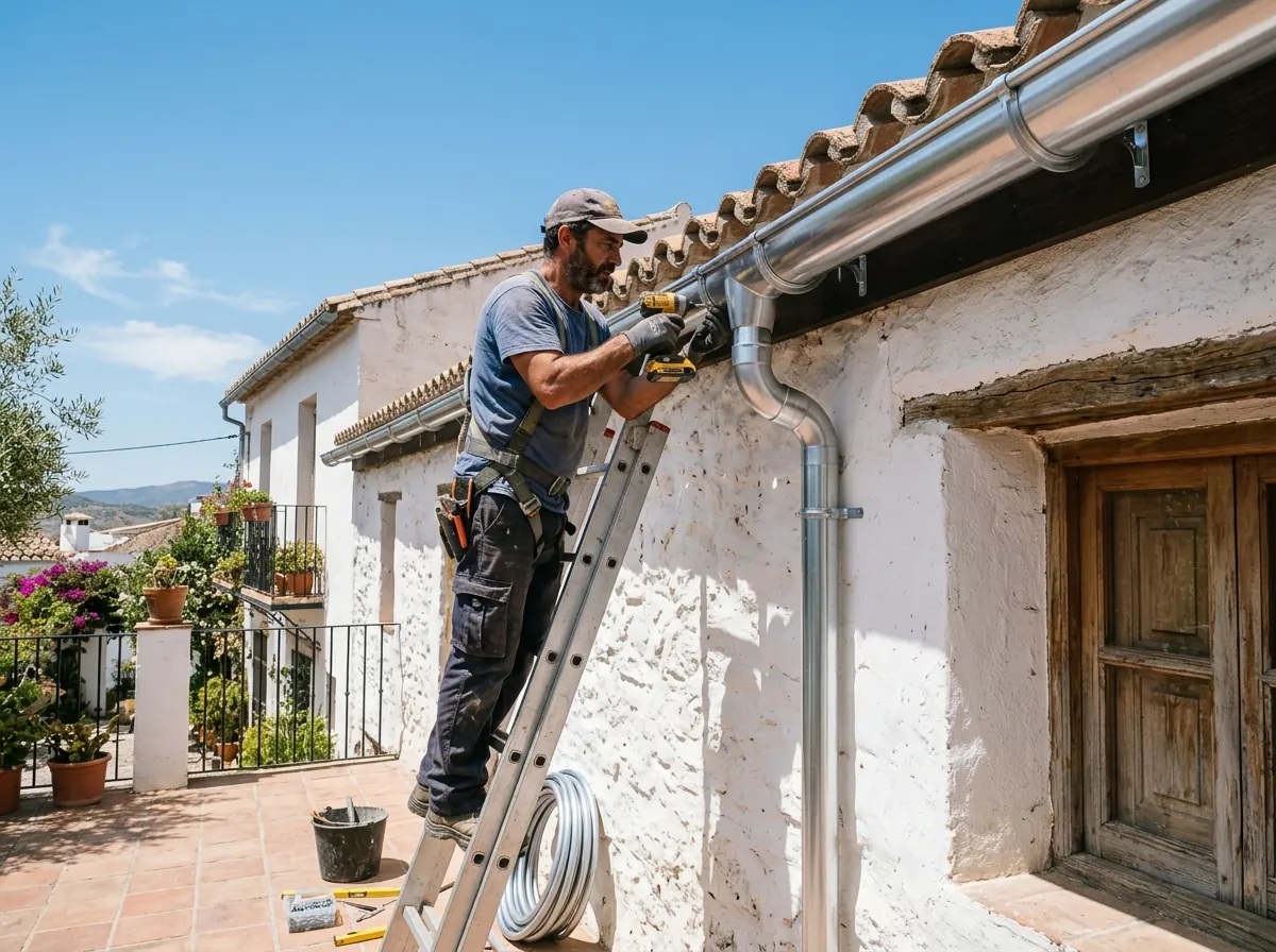 Operario instalando canalones de aluminio en una vivienda de la zona del Alberche