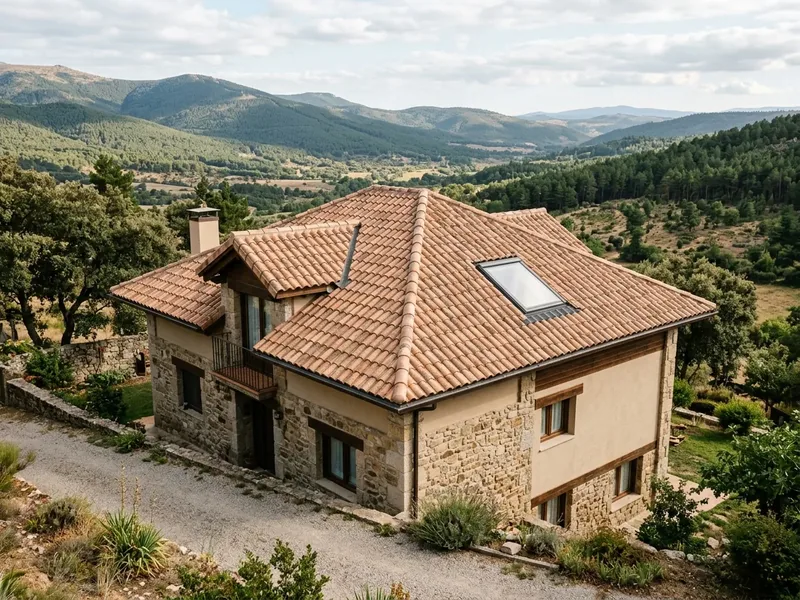 Cubierta a cuatro aguas con teja mixta y ventana de tejado lucernario en chalet de El Tiemblo