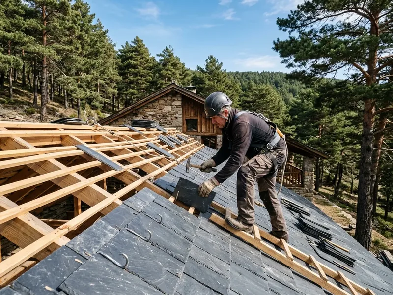Instalación de cubierta de pizarra natural clavada sobre rastreles en chalet de Las Navas del Marqués