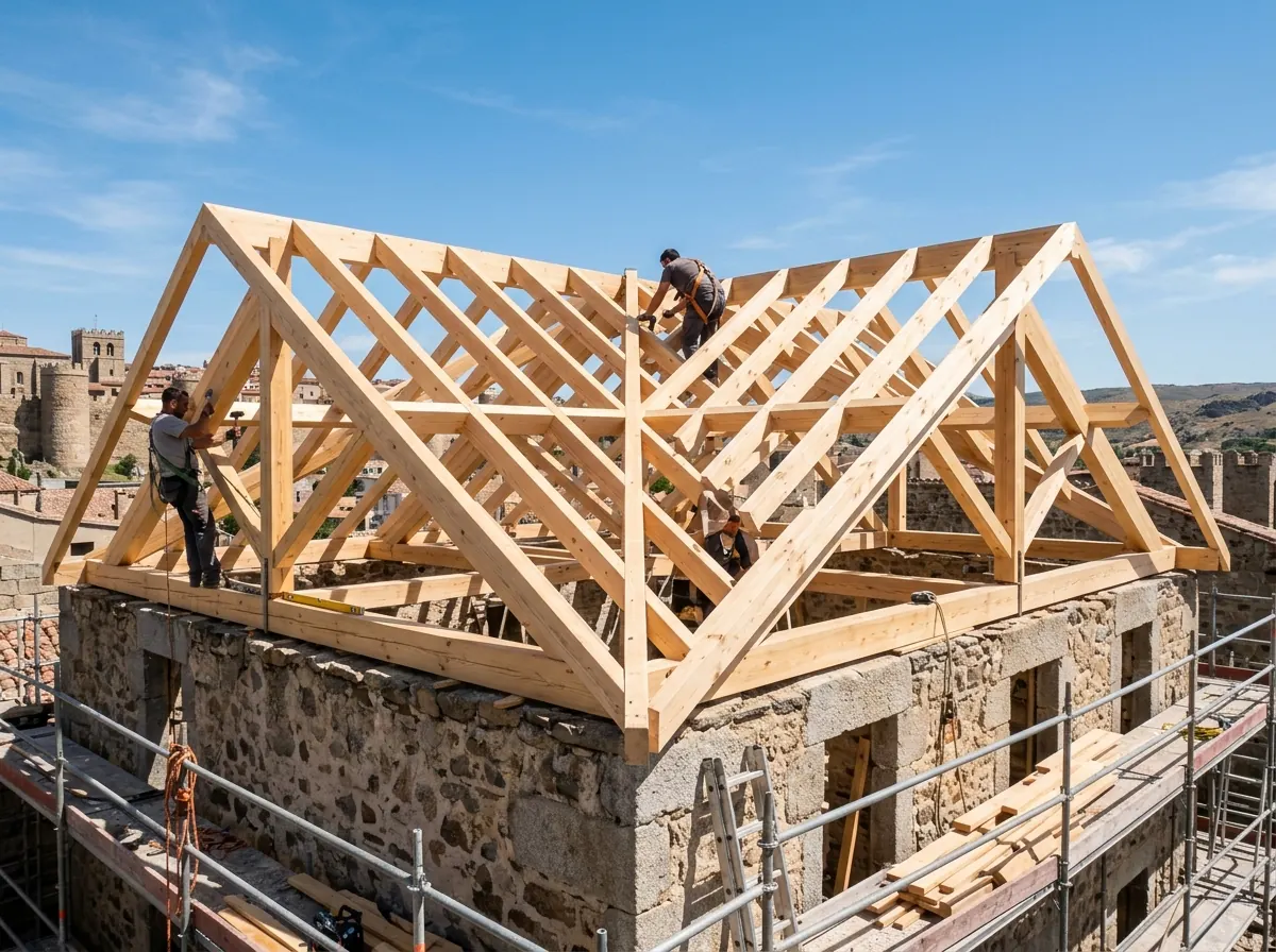Estructura de madera nueva sobre casa de piedra en el casco histórico de Ávila durante una rehabilitación de cubierta