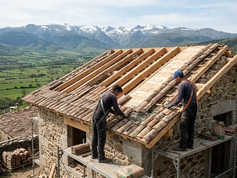 Montaje de estructura de pares de madera vista y reposición de teja curva artesanal en Piedrahíta