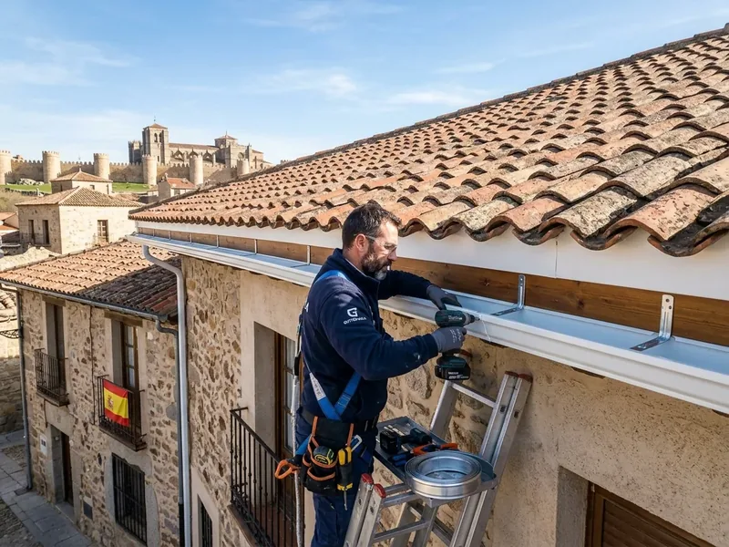 Instalación de canalón continuo de aluminio lacado con fijación en alero de teja en Ávila