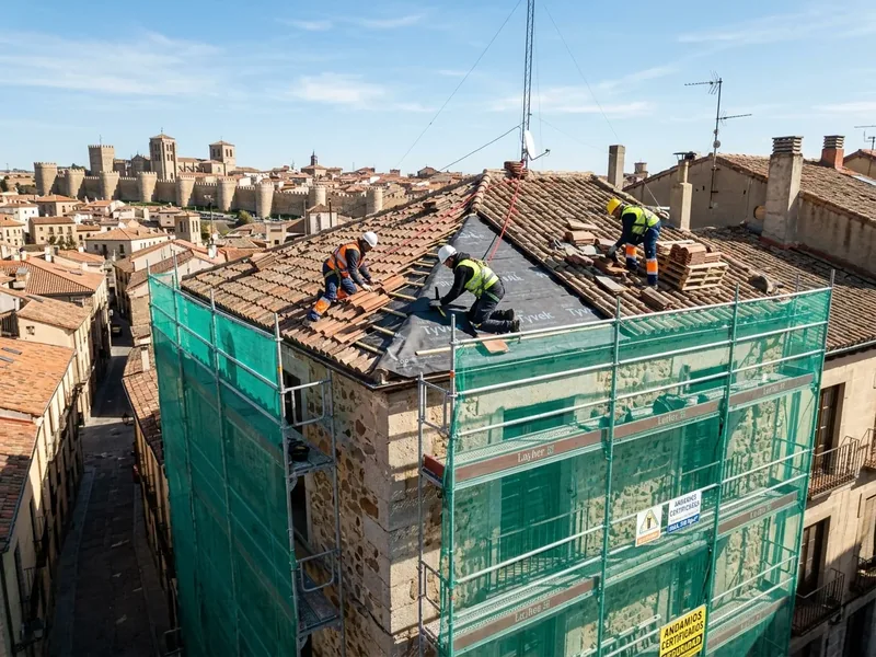 Obra de rehabilitación de cubierta comunitaria en bloque de pisos de Ávila con andamio certificado