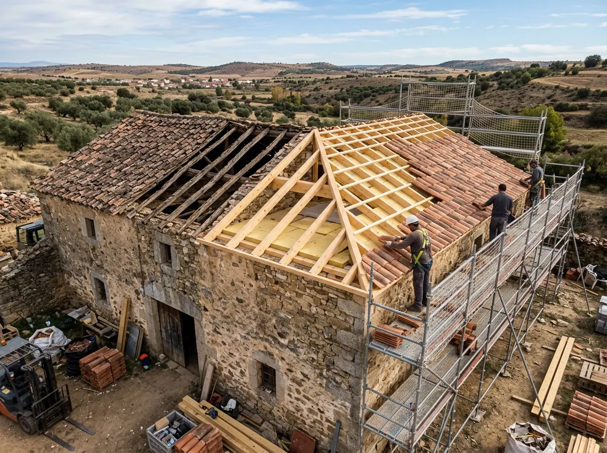 Rehabilitación integral de cubierta con estructura nueva en casa de piedra de Piedrahíta