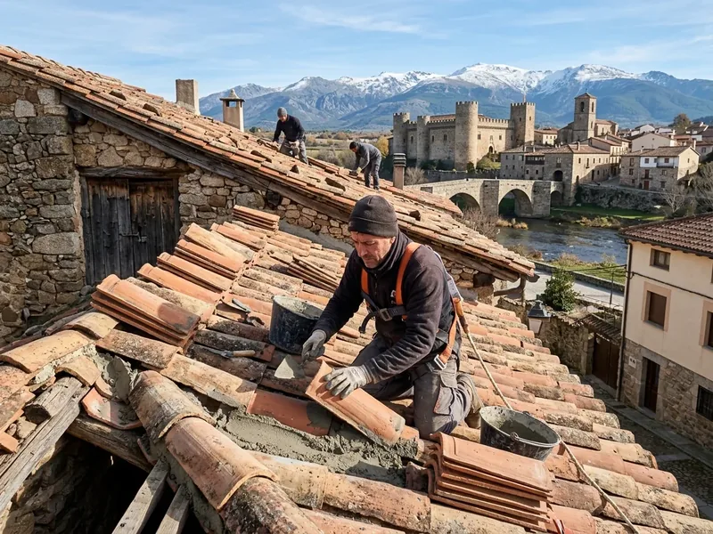 Operarios realizando la rehabilitación de cubierta con teja curva árabe y mortero en edificio de piedra de El Barco de Ávila con vistas al castillo y a Gredos