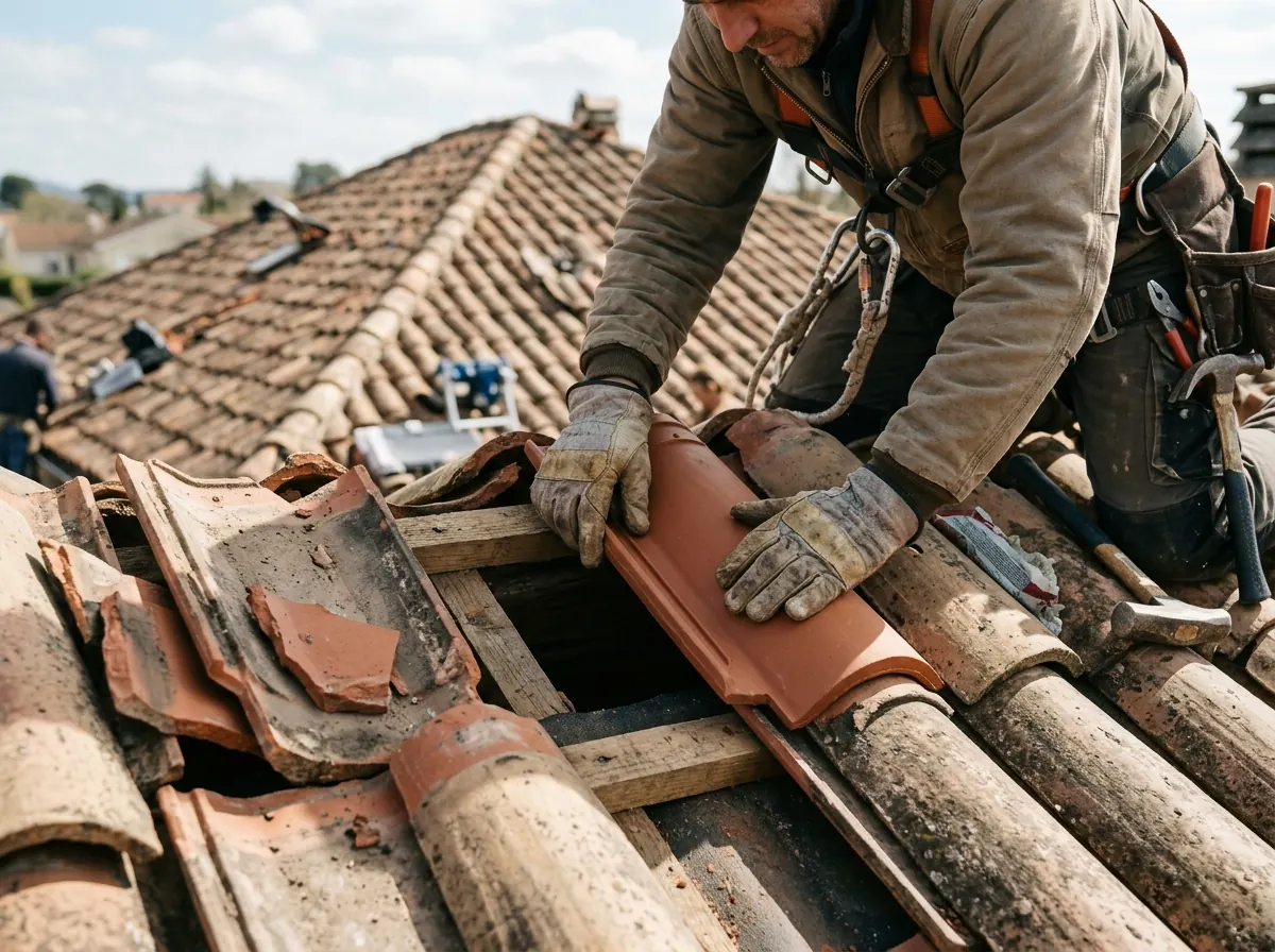 Reparación de tejas rotas y sustitución puntual en cubierta de Cebreros
