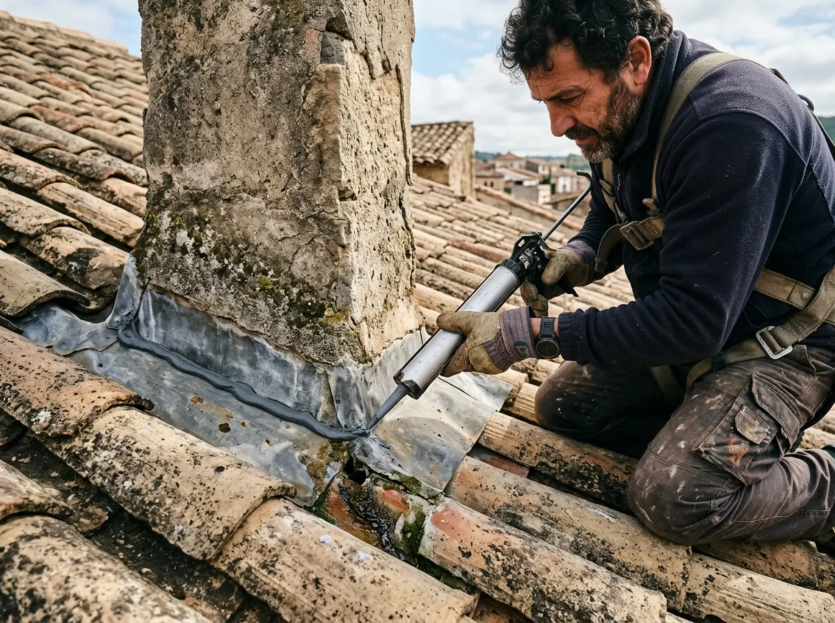 Operario sellando con masilla el encuentro de una chimenea de piedra con el tejado para reparar una gotera